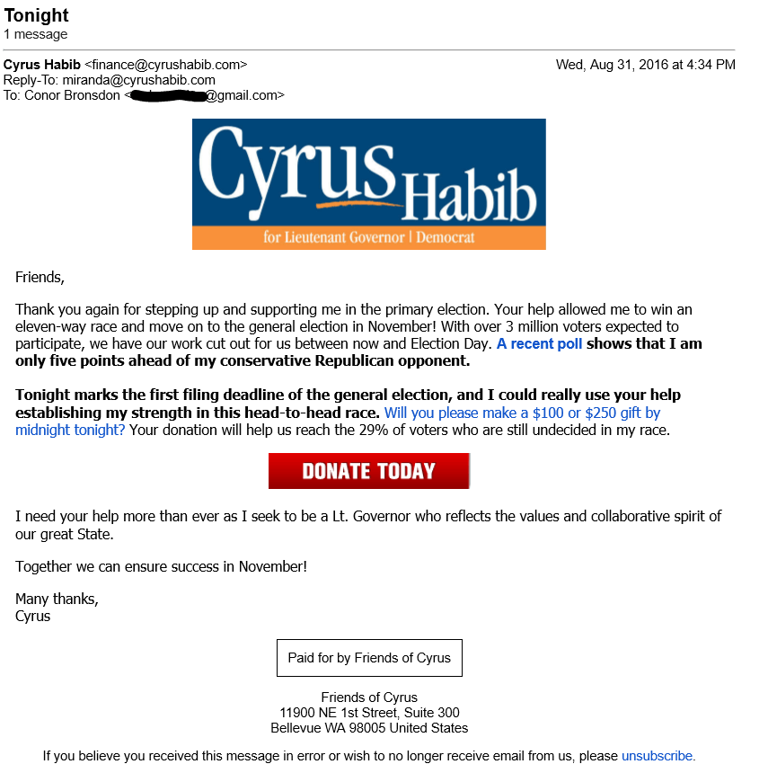 Fundraising email from Cyrus Habib for Lieutenant Governor