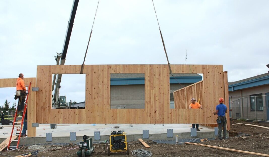 A CLT classroom in Sequim, WA is constructed