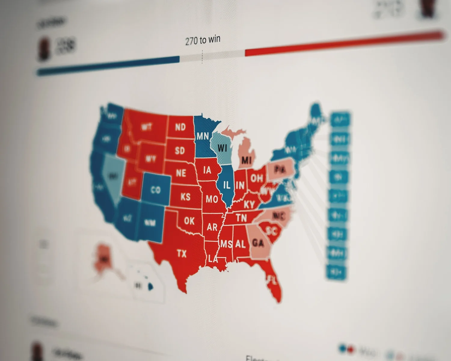 A 2020 US electoral map on a 270-to-win election tracker